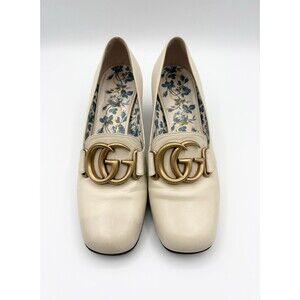 Gucci Victoire GG Block Heel Pumps White/Cream Leather Gold GG Buckle Sz EU 36